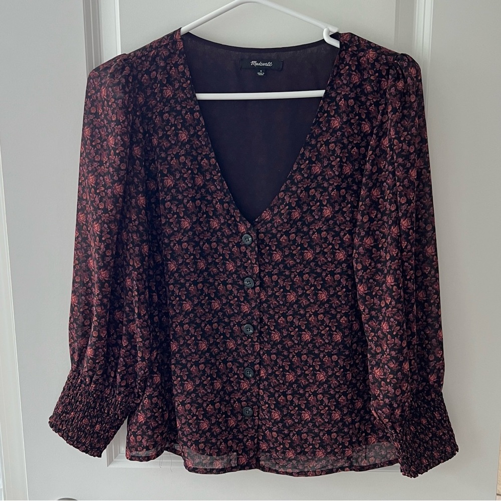 Madewell Georgette Smocked-Cuff Button-Front Top in Orchard Floral